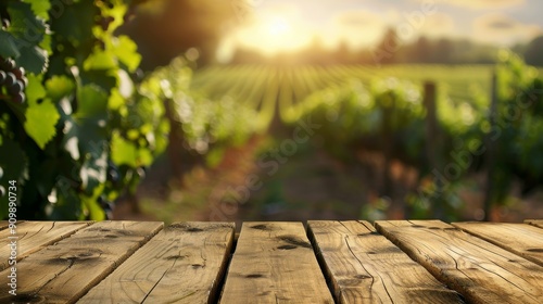 Empty wooden table top for product display, presentation stage. Blurred landscape of green vineyards in the background.	