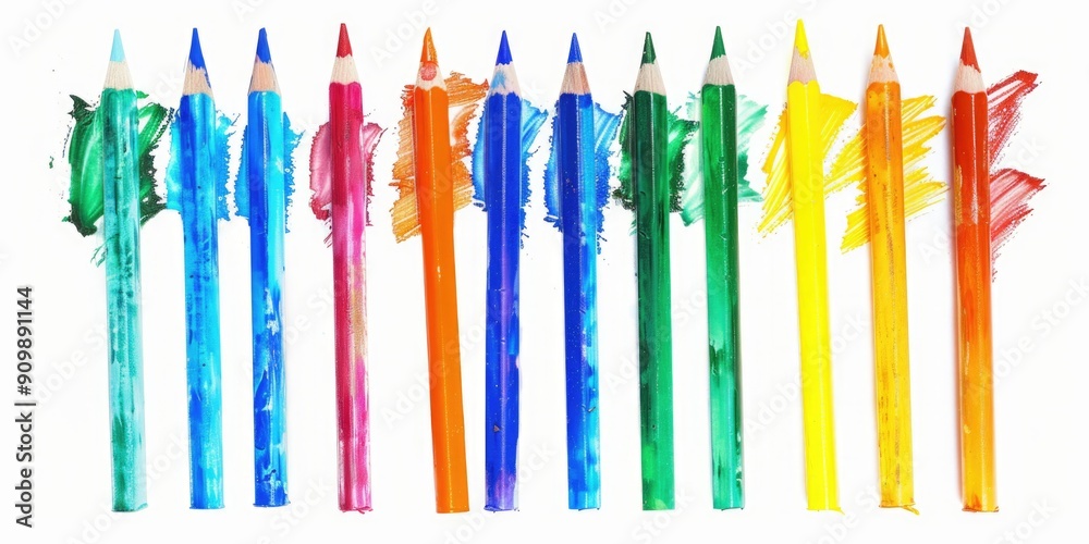 A row of colorful pencils lined up in a neat order, ideal for creative projects and artistic inspiration A row of colorful pencils lined up in a neat order, ideal for creative projects and artistic inspiration