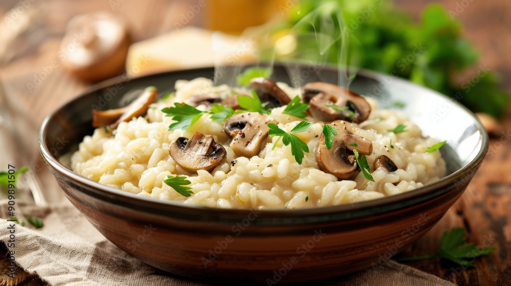 Savor a steaming bowl of creamy risotto garnished with fresh mushrooms and herbs, perfect for enjoying on a chilly evening Savor a steaming bowl of creamy risotto garnished with fresh mushrooms and herbs, perfect for enjoying on a chilly evening