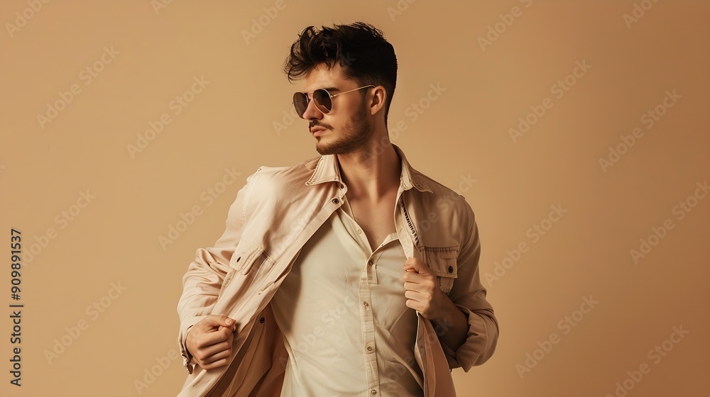 Fashion shot of man in beige shirt with sunglasses and holding jacket in hand on beige backdrop : Generative AI Fashion shot of man in beige shirt with sunglasses and holding jacket in hand on beige backdrop : Generative AI