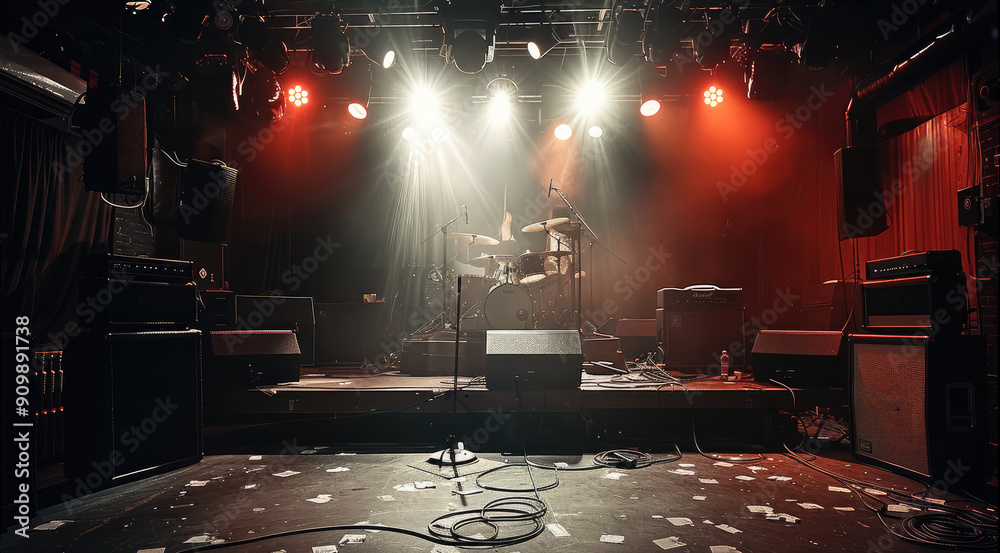 Fotografie A small live venue stage, where bands or hip-hop perform, dark lighting