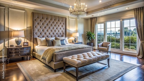 Luxurious California mansion bedroom boasts a plush king-size bed  sleek contemporary furniture  and sophisticated decor  exuding opulence and refinement in a bright  airy atmosphere.