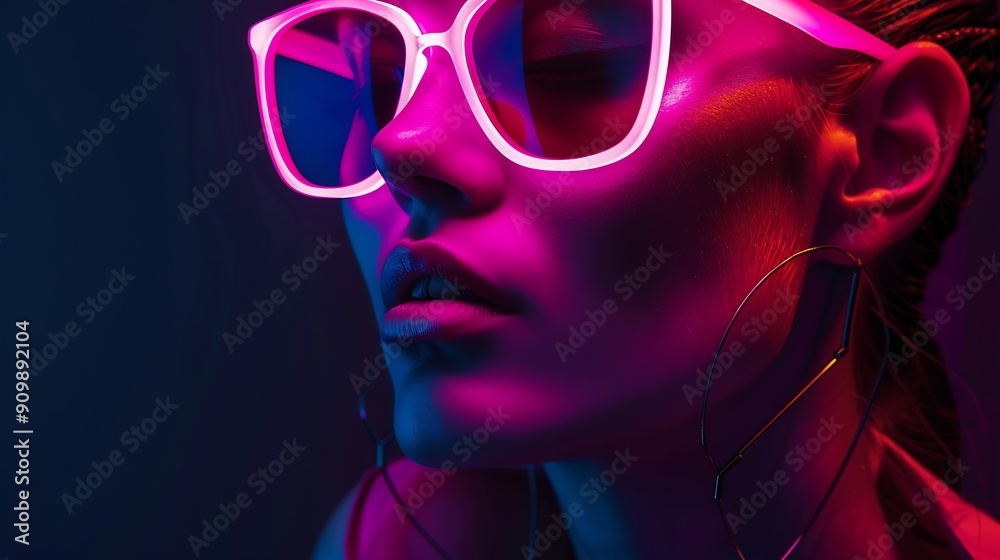 Closeup portrait of young woman wearing sleek sunglasses luminous vibrant neon glow on her face highlighting her serene expression Concept of youth beauty fashion and style modern life : Generative AI Closeup portrait of young woman wearing sleek sunglasses luminous vibrant neon glow on her face highlighting her serene expression Concept of youth beauty fashion and style modern life : Generative AI