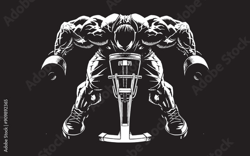 Heavy Bodybuilder Weight Lifter with Dumbbells Exercise Clipart Art Vector White on Black for T-shirts and Wall Decal Workout Athletic Gym Muscle Fitness Beast Barbell Healthy Wall Sticker for Decor