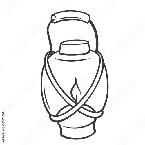 Lantern of camp line icon. Hand drawn retro kerosene and oil lamp with burning wick and holder, portable glass lantern with candle. Camping mascot, outline miner equipment icon vector illustration
