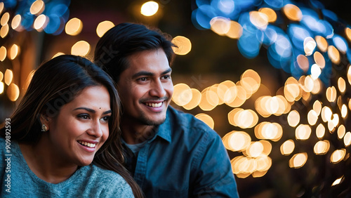 A smiling couple enjoys an evening together outdoors, surrounded by festive bokeh lights in warm tones, adding a joyful atmosphere to the moment. photo