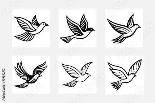 Elegant flying dove silhouette white background artwork set 