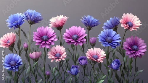 Beautiful colorful blooming aster flowers , isolated on transparent background. Generative AI