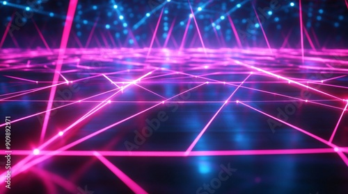 Neon grid patterns with glowing lines and geometric shapes  reminiscent of 1990s computer graphics