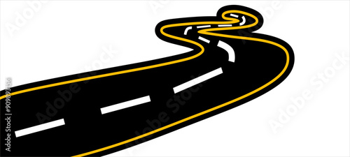 asphalt road isolated on white or transparent. Curved road with white markings. Vector illustration.