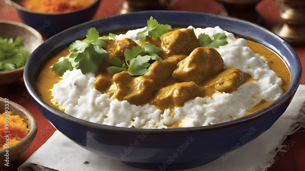 Steaming bowl of curry: visualize a rich, aromatic curry with a thick, vibrant sauce, filled with tender pieces of meat or vegetables Steaming bowl of curry: visualize a rich, aromatic curry with a thick, vibrant sauce, filled with tender pieces of meat or vegetables