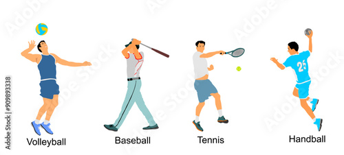Set of ball sport discipline players with ball vector illustration isolated. Sports man hit the ball. Sportsman action. Volleyball Baseball Tennis Handball. Athlete boy attractive movement.