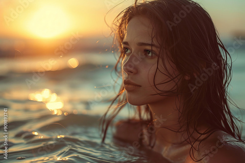 Serene young woman enjoys peaceful nude swimming in ocean at sunset, surrounded by warm photo