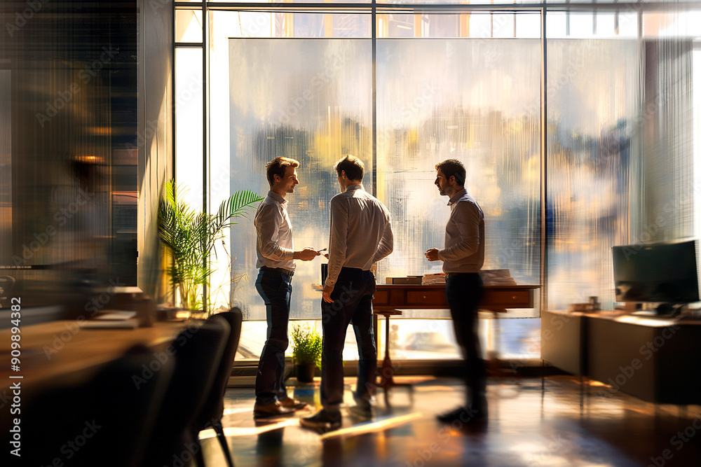 blurred three businessmen preparing for meeting at office blurred three businessmen preparing for meeting at office