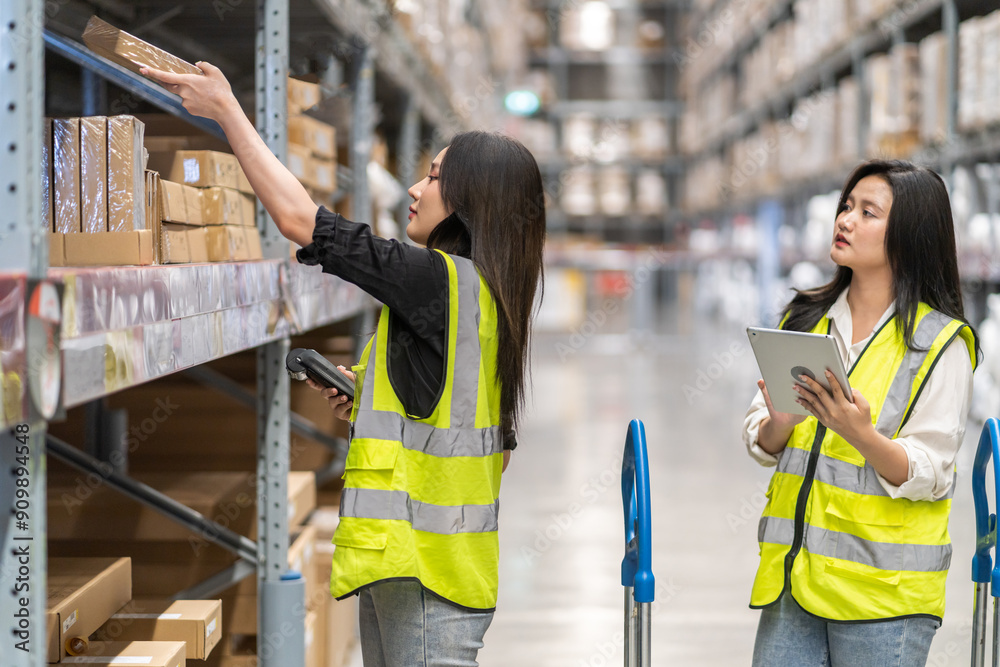 Asian two engineer team shipping order detail on tablet check goods and supplies on shelves with goods background inventory in factory warehouse.logistic industry and business export Asian two engineer team shipping order detail on tablet check goods and supplies on shelves with goods background inventory in factory warehouse.logistic industry and business export