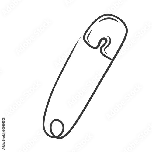 Sewing safety pin line icon. Hand drawn retro steel hook head tool of tailor with sharp needle to clip fabric. Tailoring, dressmaking mascot, doodle old closed metal pin icon vector illustration