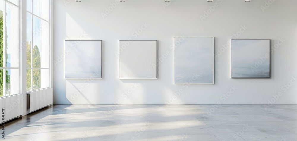 Minimalist art gallery with large windows casting natural light on four square canvases hung on a white wall. open and spacious environment of the museum Minimalist art gallery with large windows casting natural light on four square canvases hung on a white wall. open and spacious environment of the museum