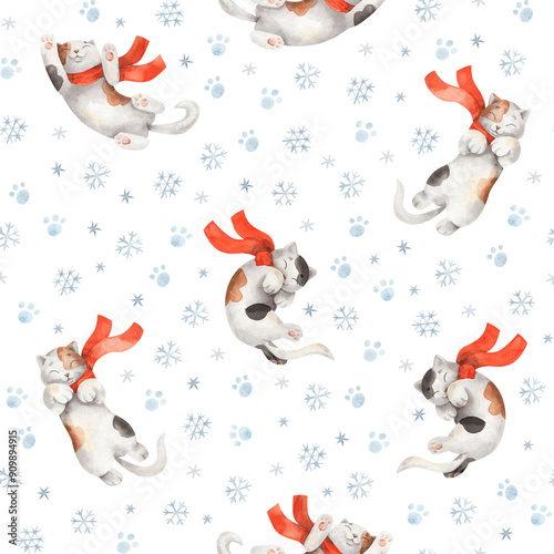 Seamless pattern with sleeping cats with red scarves. Cute watercolor texture with winter kittens and snowflakes on white background. Christmas illustration