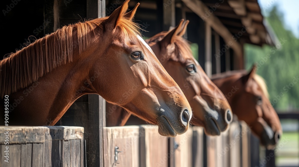 Fototapeta premium Sunny stable. Beautiful stable with horses. Horse business concept. Horse racing.