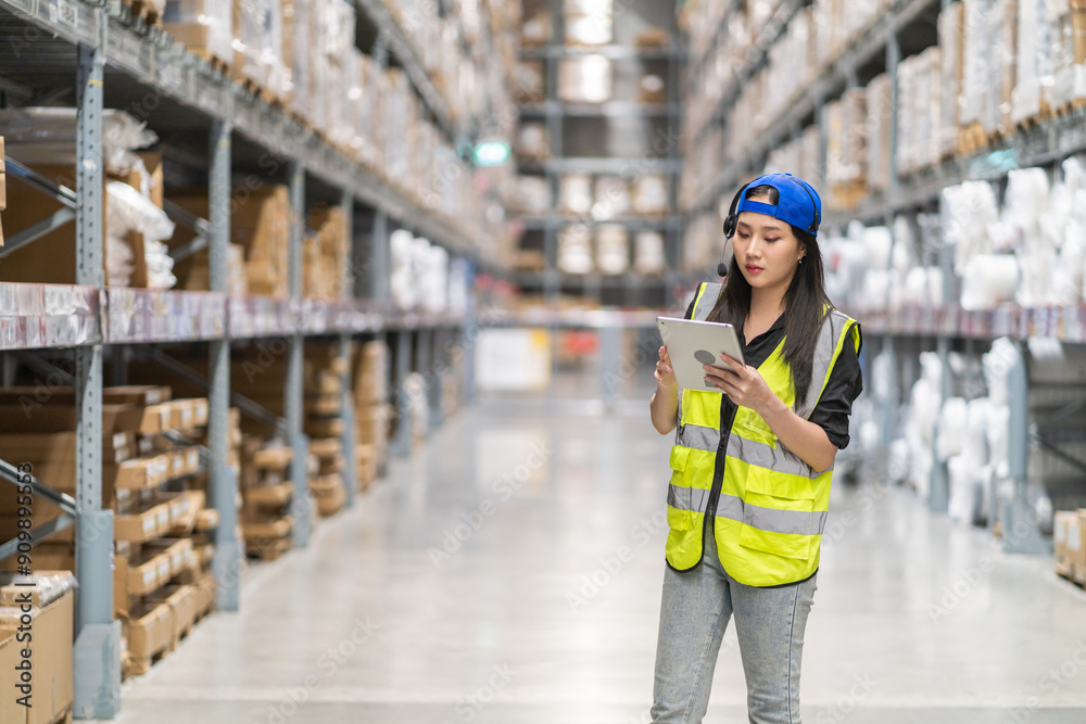 Female engineer is handling shipping and checking stock inventory in the warehouse with a tablet, industry, import-export, inventory management, logistics, global transportation at warehouse, business Female engineer is handling shipping and checking stock inventory in the warehouse with a tablet, industry, import-export, inventory management, logistics, global transportation at warehouse, business
