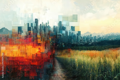 abstract art of a vibrant city juxtaposed with a peaceful rural setting, creating powerful contrasts and engaging visuals