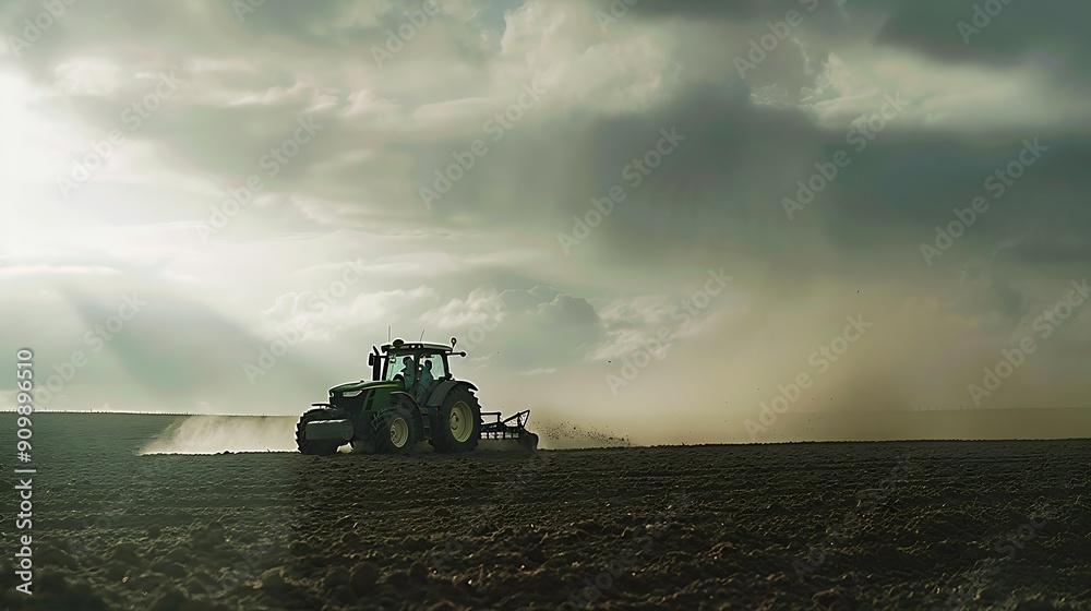 Fototapeta premium Farmer in tractor ploughing field on cloudy day : Generative AI
