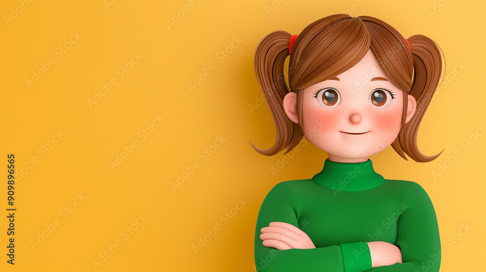 Cartoon girl with happy expression in a vibrant green outfit. Cheerful and playful character design featuring joyful features against a warm yellow background. Unique animated style Cartoon girl with happy expression in a vibrant green outfit. Cheerful and playful character design featuring joyful features against a warm yellow background. Unique animated style