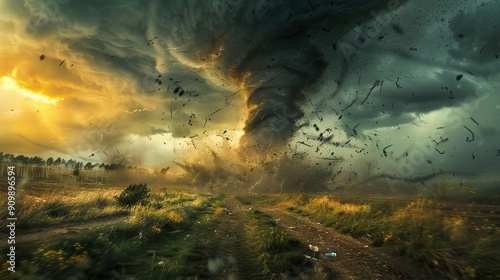 View of a large tornado destroying a barn. AI generated illustration photo