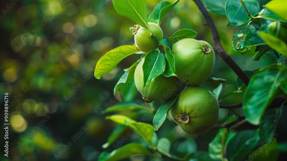 Deli honey guava fruit saplings are slowly developing displaying a vibrant green color firmly attached to the fruit Multiple fruits are visible within one fruit against a blurred backg : Generative AI Deli honey guava fruit saplings are slowly developing displaying a vibrant green color firmly attached to the fruit Multiple fruits are visible within one fruit against a blurred backg : Generative AI