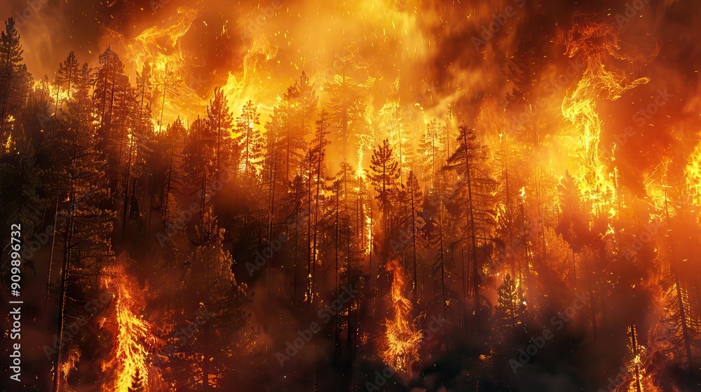 Wildfires or forest fire burning with a lot of smoke. AI generated illustration Wildfires or forest fire burning with a lot of smoke. AI generated illustration