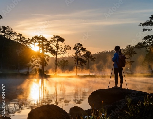 Silhouette of traveler with Morning fog over hot spring photo