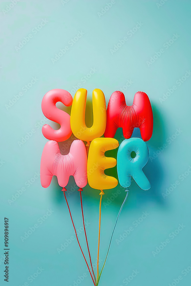 SUMMER written with balloons with letter-like shapes isolated on a light blue pastel background