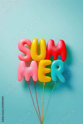 Obraz na płótnie SUMMER written with balloons with letter-like shapes isolated on a light blue pastel background w salonie
