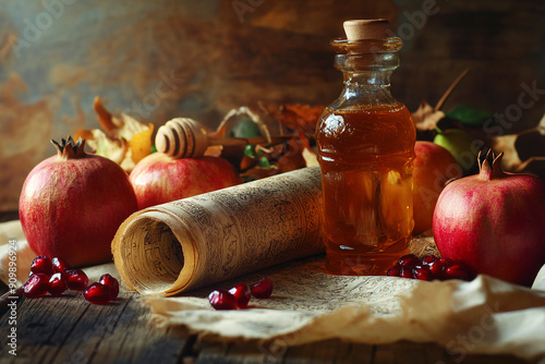 Traditional Jewish New Year food. Happy Rosh Hashanah concept. Pomegranates, honey, wine, candles and Torah scrolls. photo