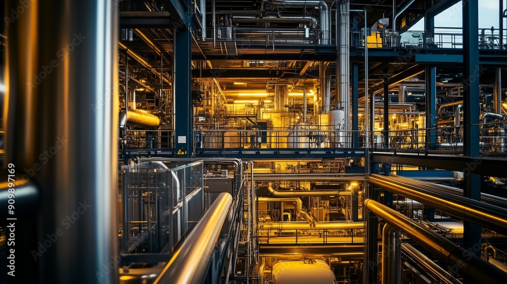 Machinery operates efficiently within a bustling processing plant Machinery operates efficiently within a bustling processing plant