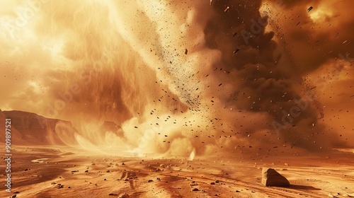 panorama view to sand dunes with tornado. 3D Rendering. AI generated illustration