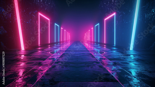 3D technology abstract neon light colorful background  empty space scene  spotlight  dark night  virtual reality  cyber futuristic sci-fi background  street floor studio for mock up.