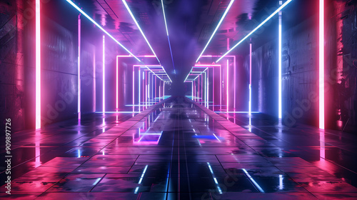 3D technology abstract neon light colorful background  empty space scene  spotlight  dark night  virtual reality  cyber futuristic sci-fi background  street floor studio for mock up.
