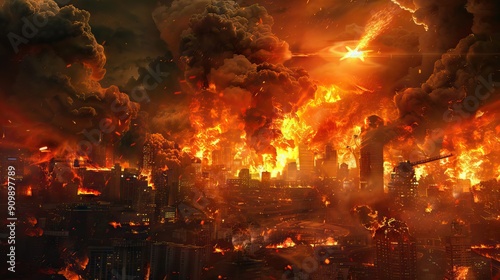 burning city illustration a city engulfed in flames. AI generated illustration