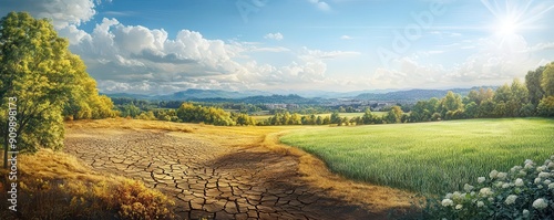 artistic depiction of a dry, lifeless area contrasted with a vibrant, green, fertile field, highlighting striking environmental differences