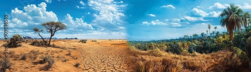 artistic depiction of a dry, barren desert contrasted with a vibrant, humid jungle, showcasing striking environmental disparities