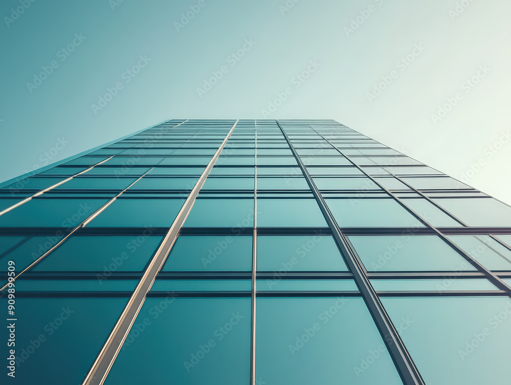 A tall building with many windows and a clear blue sky in the background A tall building with many windows and a clear blue sky in the background