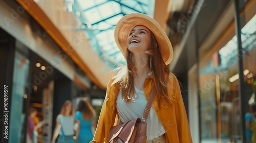 Photo of adorable optimistic girl dressed in sstylish clothes handbag going store mall nice weekend pastime alone : Generative AI photo