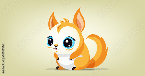 Vector cartoon bright ginger unusual fantastic little cute kawaii animal. Big-eyed baby squirrel. Sitting tailed cuddly rodent. photo