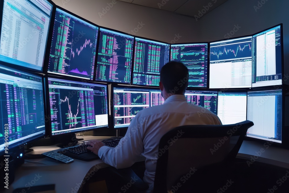Trader in a techdriven environment, adjusting multiple screens with realtime stock data, hightech trading strategy Trader in a techdriven environment, adjusting multiple screens with realtime stock data, hightech trading strategy