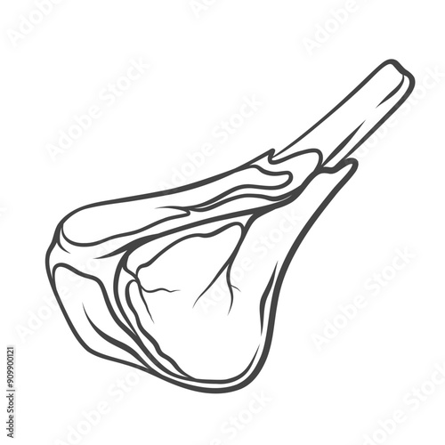 Tomahawk steak line icon. Hand drawn retro beef meat cut on rib bone, beefsteak for barbecue meat menu of restaurant. Steakhouse, butchers shop mascot, outline raw steak icon vector illustration