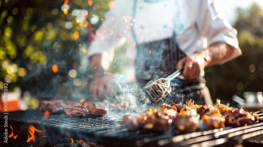 Fototapeta premium A chef grills marinated meat over an open flame, surrounded by smoke and vibrant sparks under a clear blue sky