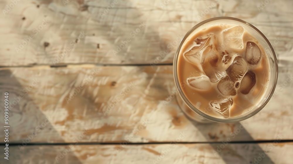 Iced latte coffee on wooden table white background Cold beverage in summer : Generative AI Iced latte coffee on wooden table white background Cold beverage in summer : Generative AI