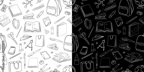 Seamless pattern with hand drawn school, doodles and back to school. Vector illustration. 