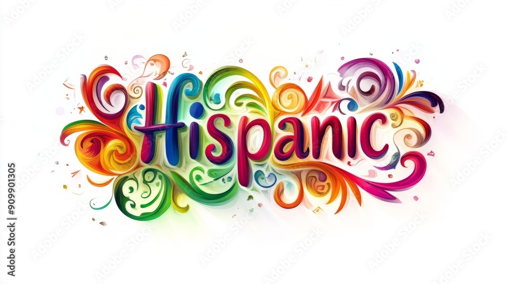 A colorful text Hispanic design on white background. National hispanic heritage month festival, Latin america culture, tradition and art. A colorful text Hispanic design on white background. National hispanic heritage month festival, Latin america culture, tradition and art.